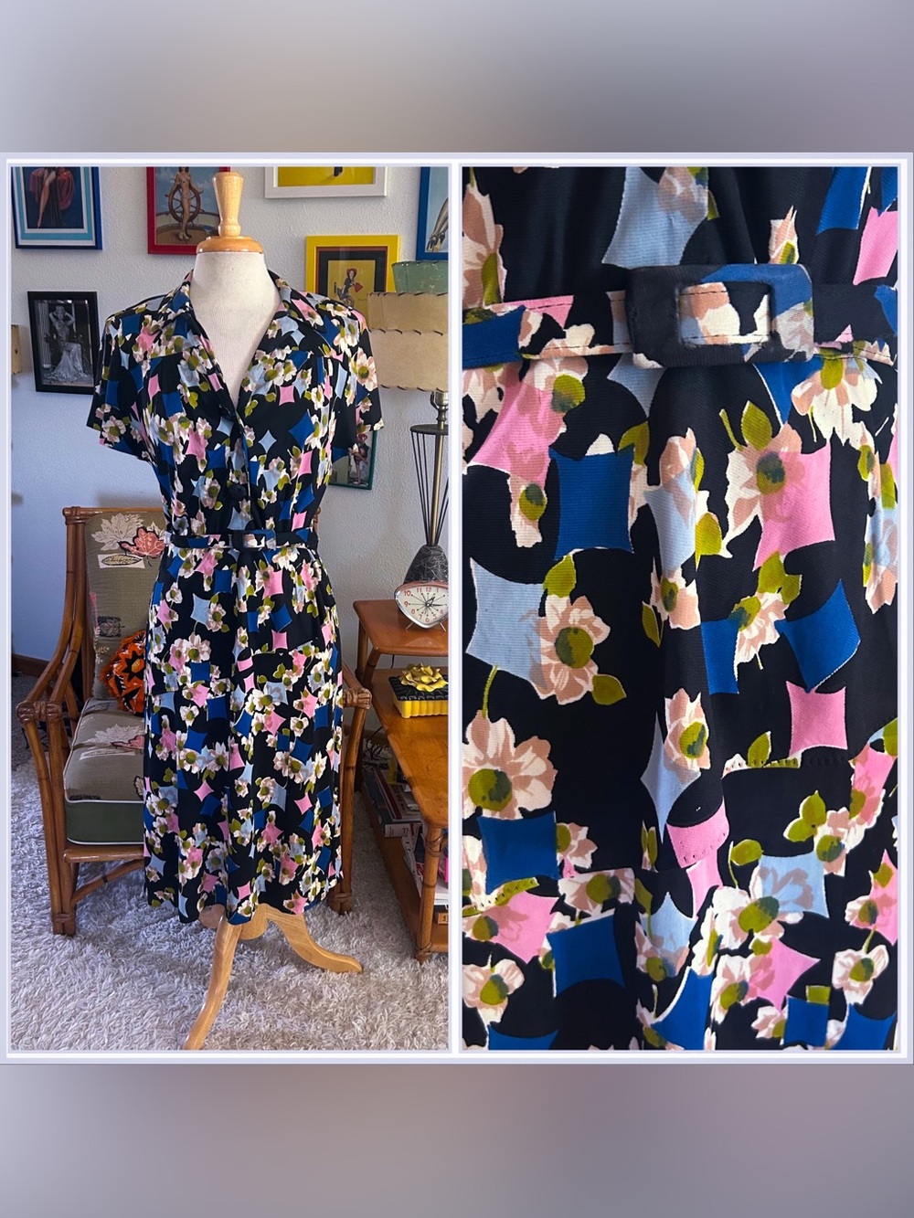 Vintage 1940s Style Dress | Floral | Black Pink | M L | Jersey Knit | 40s 70s